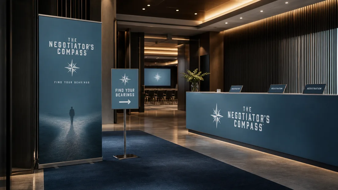 The Negotiator's Compass — brand on screens and signage